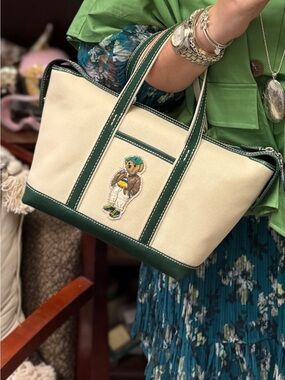 Ralph Lauren Cream Canvas Tote with Green Trim and Bear Patch